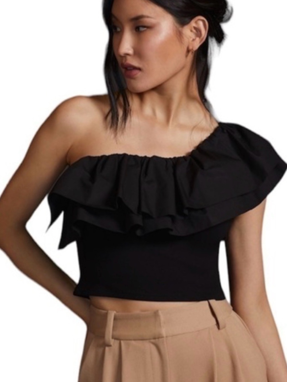 Anthropologie Black One-Shoulder Ruffle Crop Top